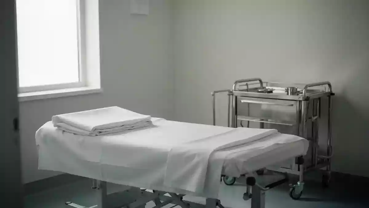 Ein minimalistisch eingerichteter, heller Untersuchungsraum in einer Klinik mit einem leeren medizinischen Bett. Illustration mit AI erstellt.