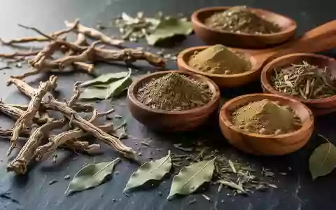 Nahaufnahme von getrockneten Heilkräutern und pflanzlichen Extrakten auf einer dunklen Steinplatte. - Foto: über boerse-global.de
