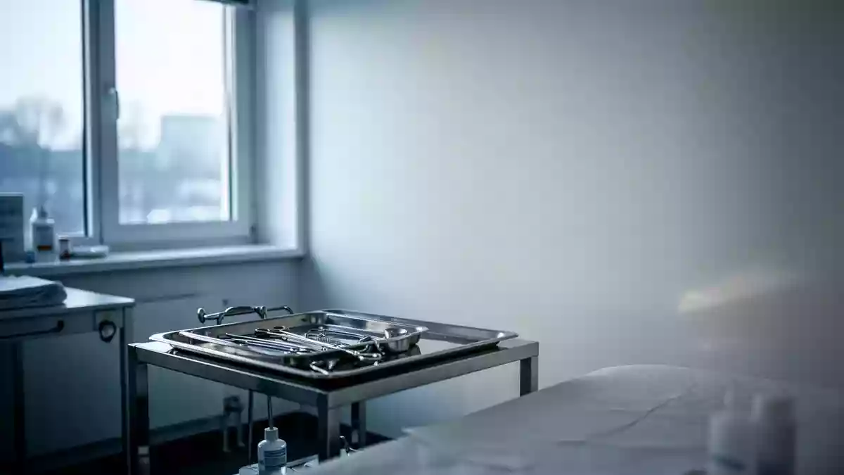 Ein heller, minimalistischer medizinischer Untersuchungsraum mit sanftem Tageslicht und einem leeren Instrumententisch. Illustration mit AI erstellt.