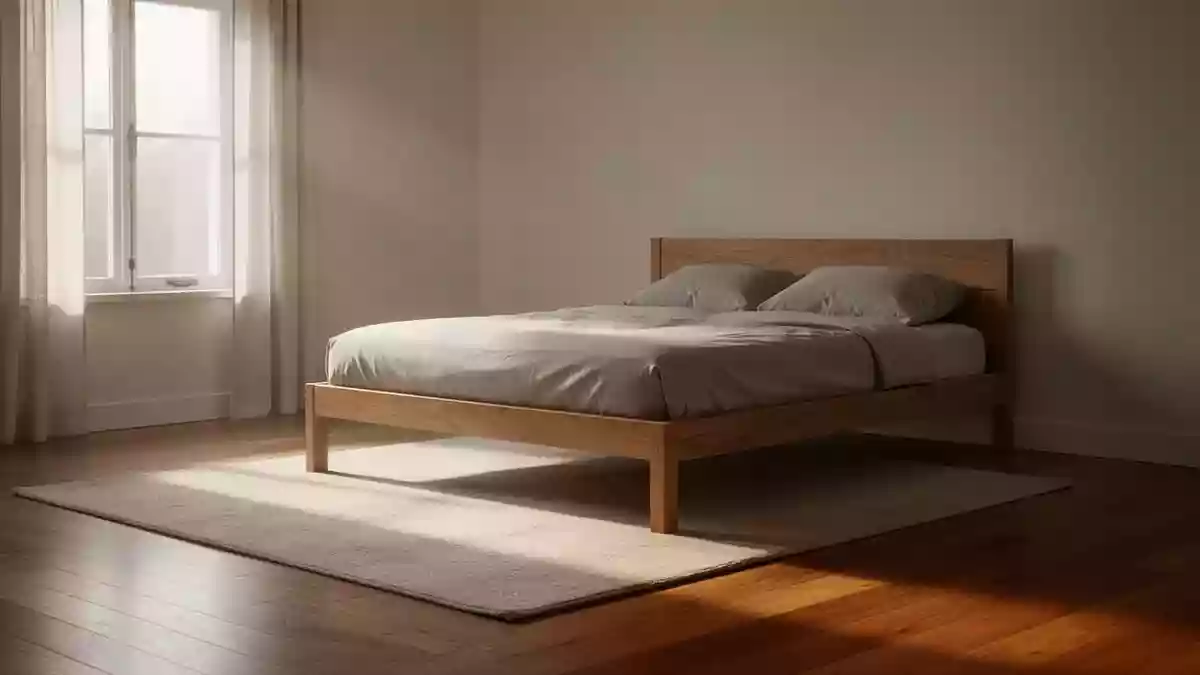 Ein sonnendurchflutetes, minimalistisches Schlafzimmer am frühen Morgen mit einem einfachen Holzbett auf einem Parkettboden. Illustration mit AI erstellt.