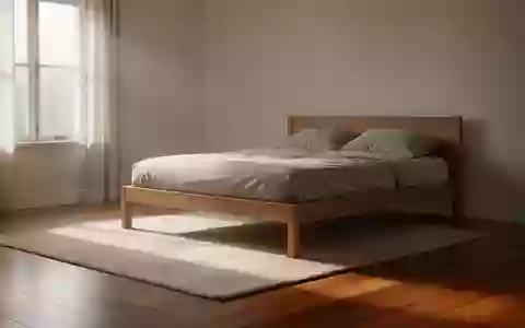 Ein sonnendurchflutetes, minimalistisches Schlafzimmer am frühen Morgen mit einem einfachen Holzbett auf einem Parkettboden. - Foto: über boerse-global.de