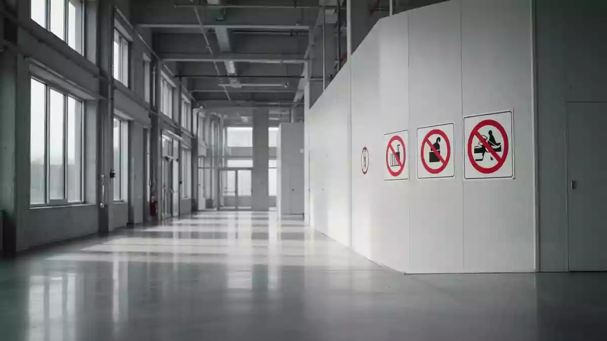 Ein heller, leerer Industrieflur mit Sicherheitskennzeichnung an der Wand in einem modernen Bürogebäude. Illustration mit AI erstellt.