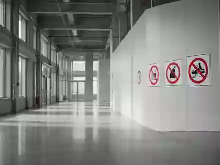 Ein heller, leerer Industrieflur mit Sicherheitskennzeichnung an der Wand in einem modernen Bürogebäude. - Foto: über boerse-global.de