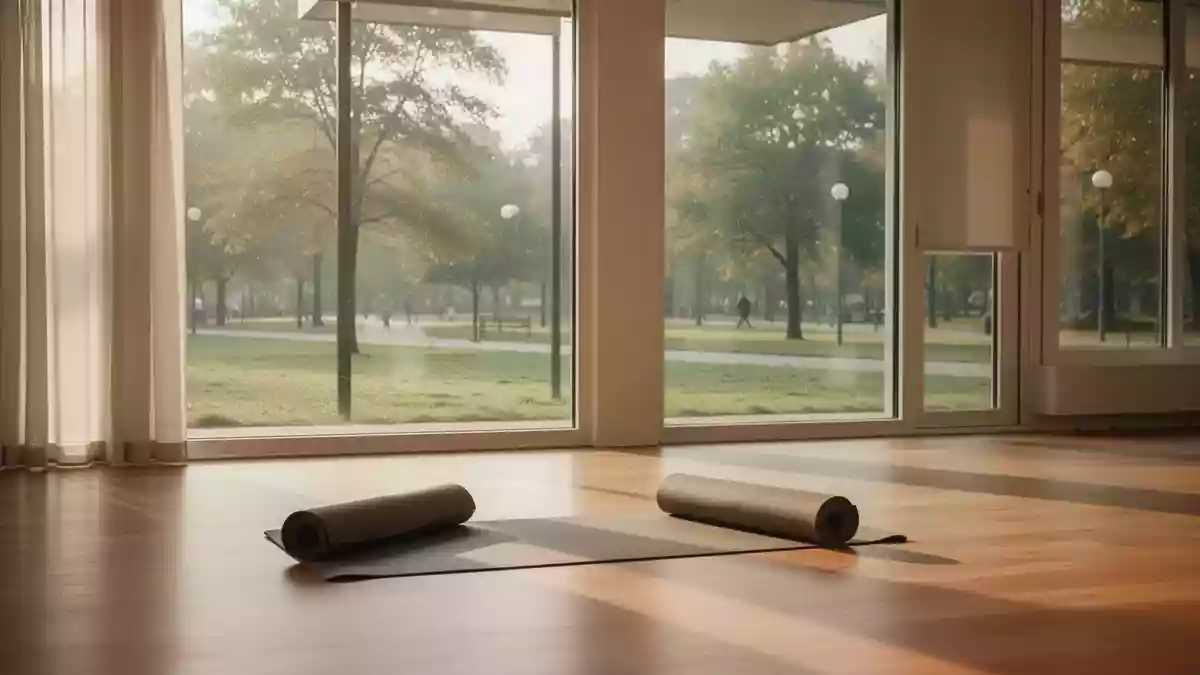 Ein heller, ruhiger Sportraum mit Holzboden und einer Yogamatte vor einem Fenster mit Blick ins Grüne. Illustration mit AI erstellt.