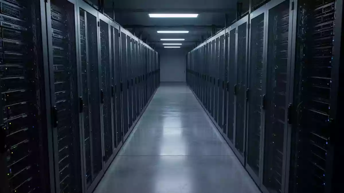 Ein modern beleuchteter Serverraum mit metallischen Rack-Schränken in einer kühlen, technologischen Umgebung. Illustration mit AI erstellt.