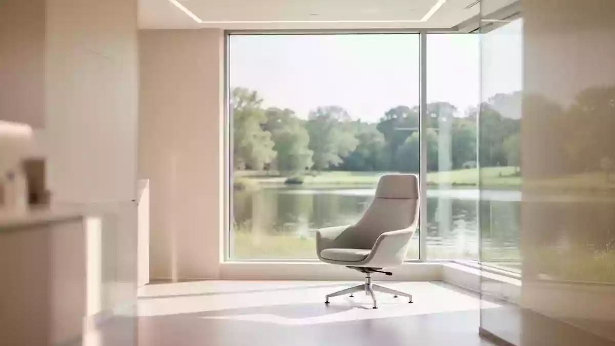 Ein minimalistischer, lichtdurchfluteter Raum in einer medizinischen Einrichtung mit einem leeren Sessel und Blick ins Grüne. Illustration mit AI erstellt.