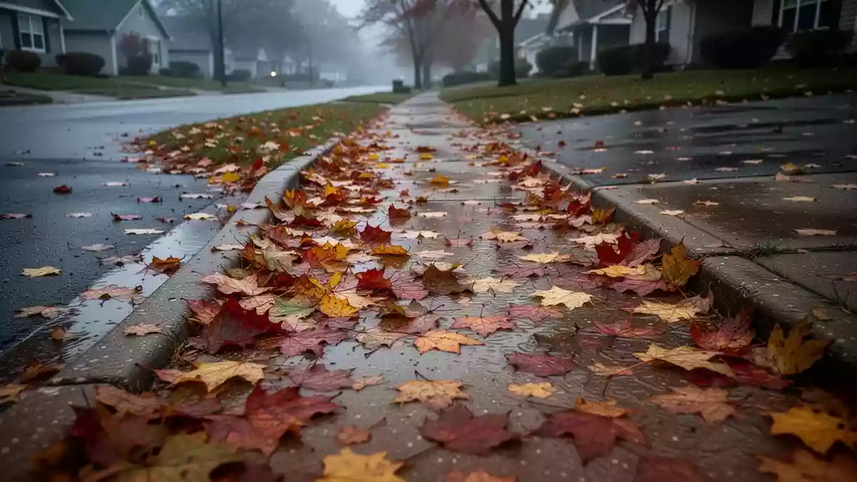 Ein Gehweg in einem Wohngebiet, der mit einer dicken Schicht aus nassem Herbstlaub bedeckt ist. Illustration mit AI erstellt.
