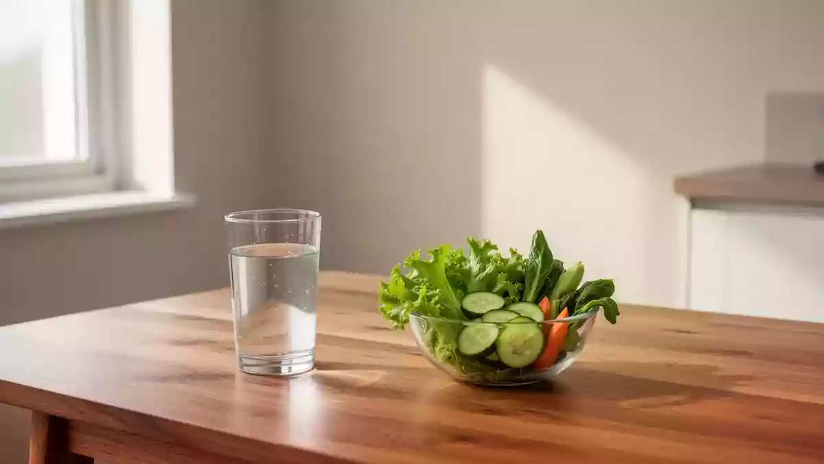 Ein minimalistisch gestalteter Küchentisch mit frischem Gemüse und einem Glas Wasser in natürlichem Tageslicht. Illustration mit AI erstellt.
