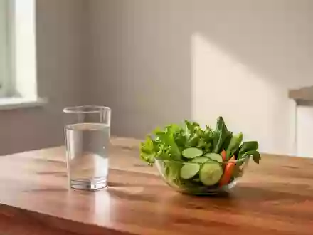Ein minimalistisch gestalteter Küchentisch mit frischem Gemüse und einem Glas Wasser in natürlichem Tageslicht. - Foto: über boerse-global.de
