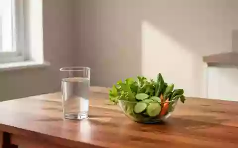 Ein minimalistisch gestalteter Küchentisch mit frischem Gemüse und einem Glas Wasser in natürlichem Tageslicht. - Foto: über boerse-global.de