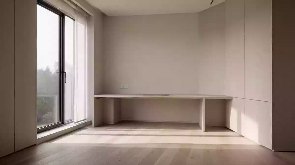 Ein heller, minimalistischer Arbeitsbereich in einem modernen Büro mit natürlichem Lichteinfall und klaren architektonischen Linien. Illustration mit AI erstellt.