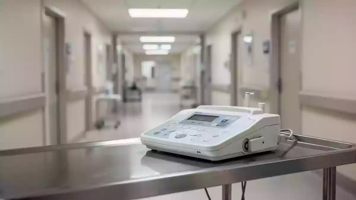 Ein minimalistischer Behandlungsraum in einer Klinik mit medizinischen Instrumenten auf einer Edelstahloberfläche. Illustration mit AI erstellt.