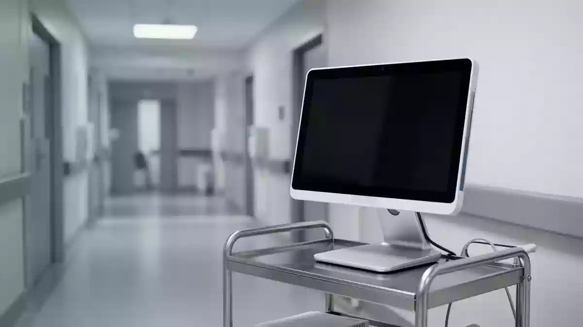 Ein steriler, moderner Behandlungsraum in einer Klinik mit einem ausgeschalteten medizinischen Monitor. Illustration mit AI erstellt.