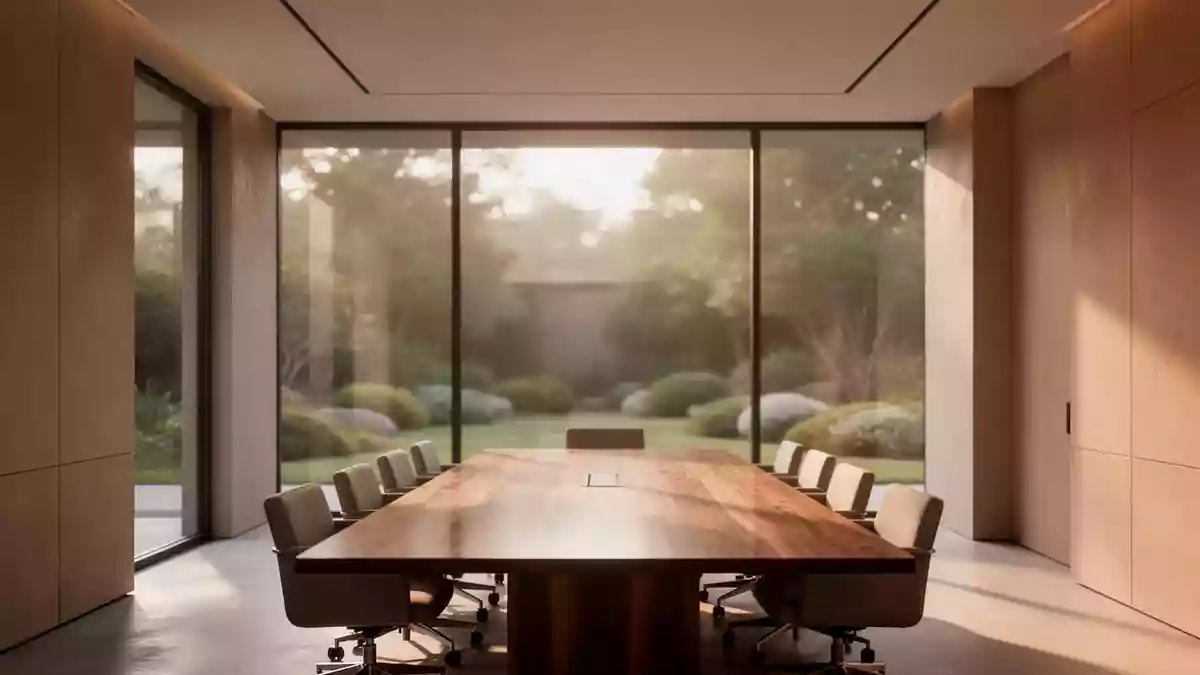 Ein minimalistischer, leerer Konferenzraum mit natürlichem Licht und Blick auf einen Garten. Illustration mit AI erstellt.