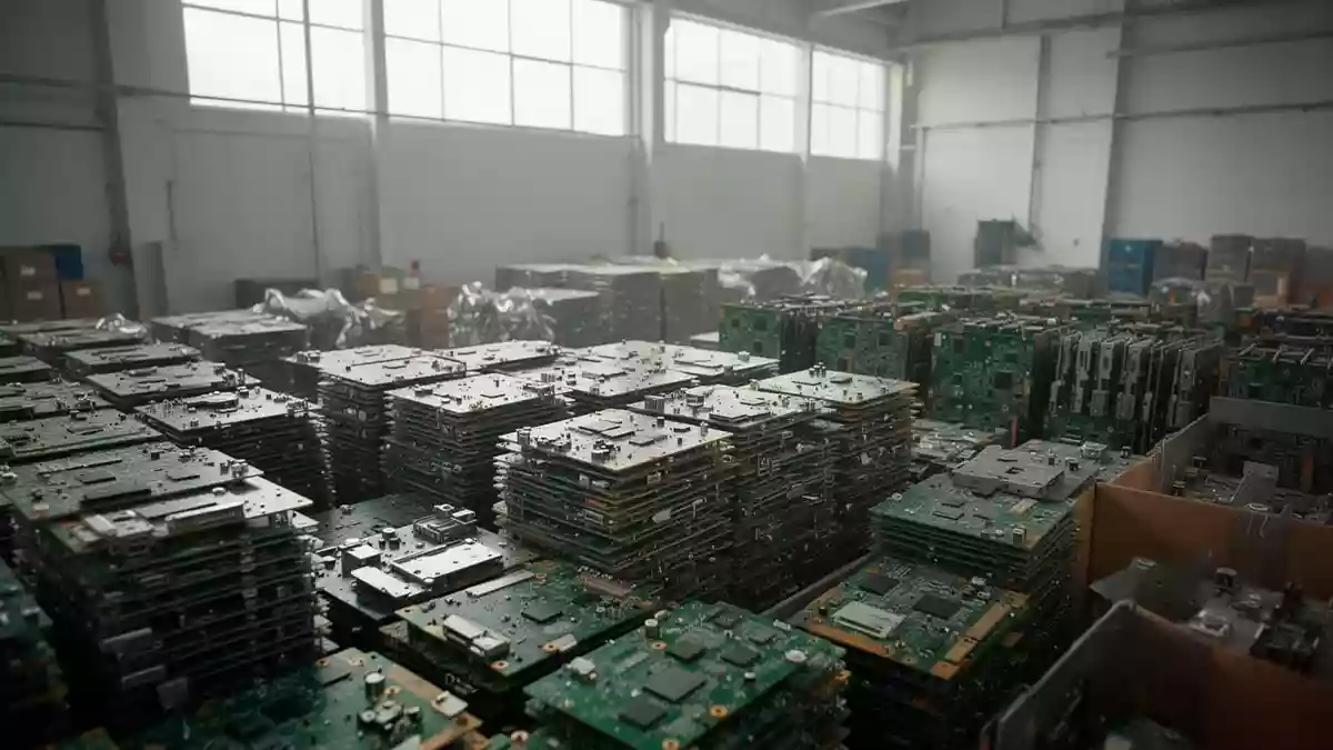 Nahaufnahme von recycelten Platinen und elektronischen Bauteilen in einer sortierten Lagerumgebung. Illustration mit AI erstellt.