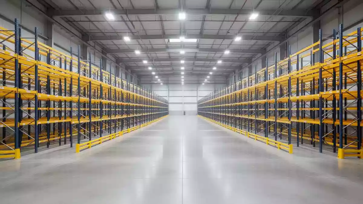 Ein weitläufiges, leeres Lagerhaus mit hohen Regalsystemen und poliertem Betonboden in einer modernen Industriehalle. Illustration mit AI erstellt.