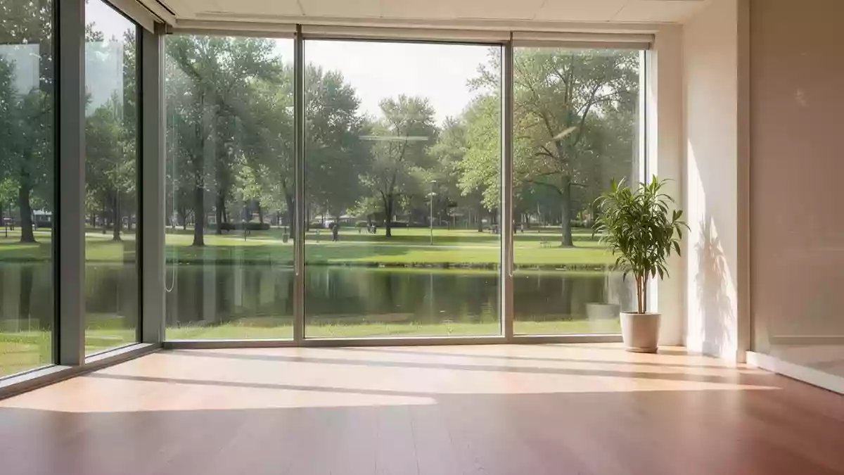 Ein heller, minimalistischer Büroraum mit großen Fenstern und Blick auf einen grünen Park, der Bewegung und Offenheit symbolisiert. Illustration mit AI erstellt.