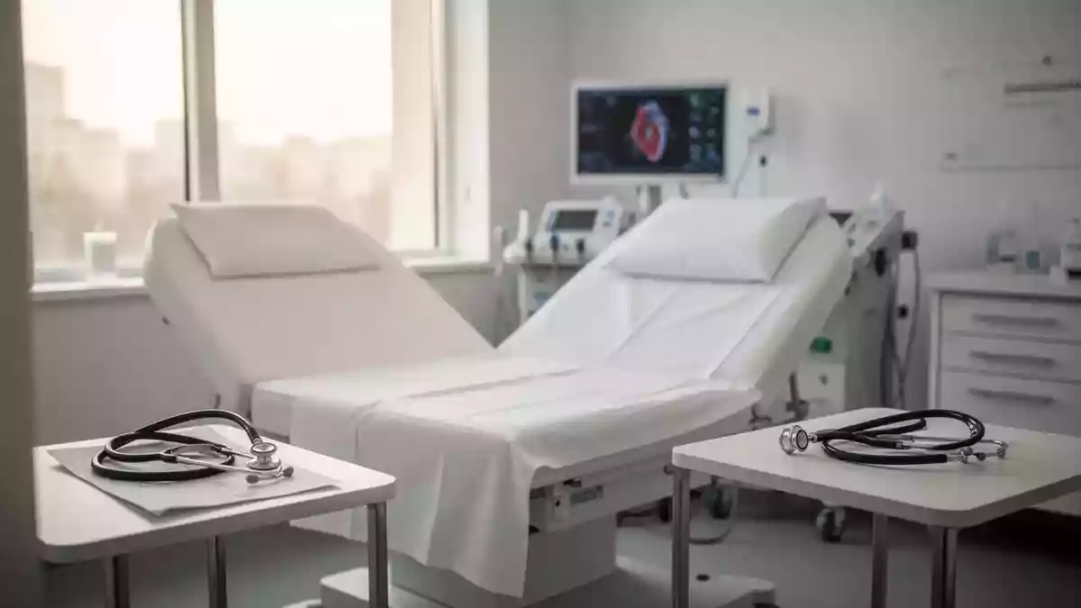 Ein heller, moderner Untersuchungsraum in einer kardiologischen Praxis mit medizinischem Mobiliar und Diagnosegeräten. Illustration mit AI erstellt.