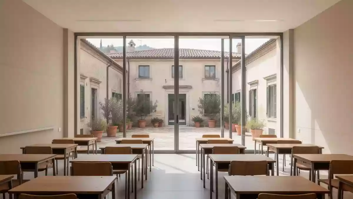 Ein heller, moderner Klassenraum in einer italienischen Schule mit Blick auf einen Innenhof, ohne Personen oder Technik. Illustration mit AI erstellt.