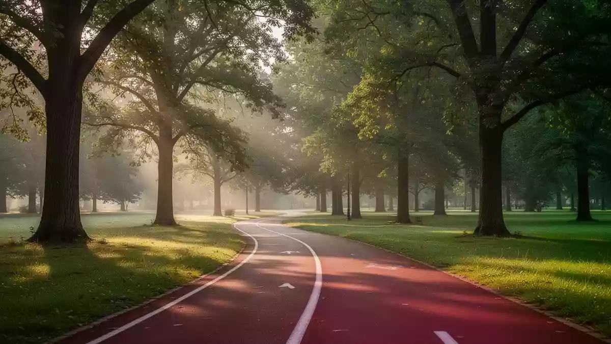 Ein leerer, sonnendurchfluteter Joggingpfad in einem grünen Park als Symbol für einen gesunden Lebensstil. Illustration mit AI erstellt.