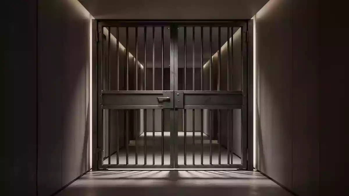 Ein minimalistisches, architektonisches Detail eines Sicherheitstors mit klaren geometrischen Linien und schattigem Licht. Illustration mit AI erstellt.