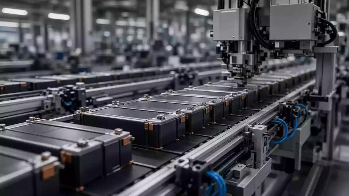 Automatisierte Fertigungsstraße für Lithium-Ionen-Batterien in einer modernen Fabrik. Illustration mit AI erstellt.