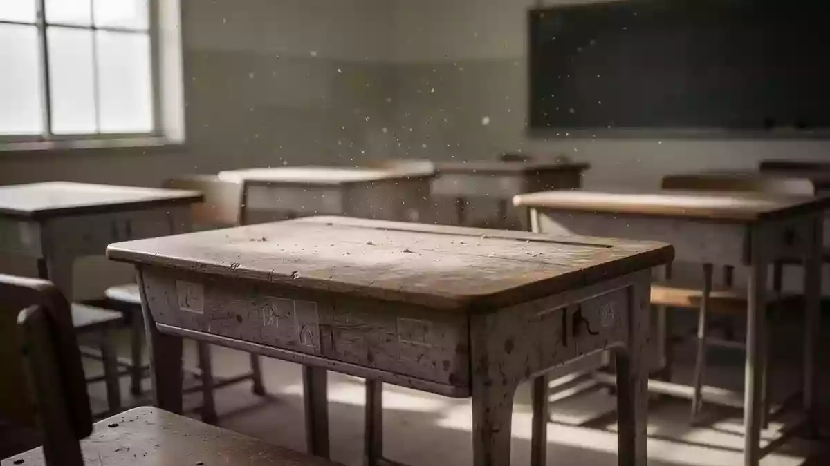 Ein leerer, sonnendurchfluteter Klassenraum mit einem alten hölzernen Schulpult in einer minimalistischen Umgebung. Illustration mit AI erstellt.