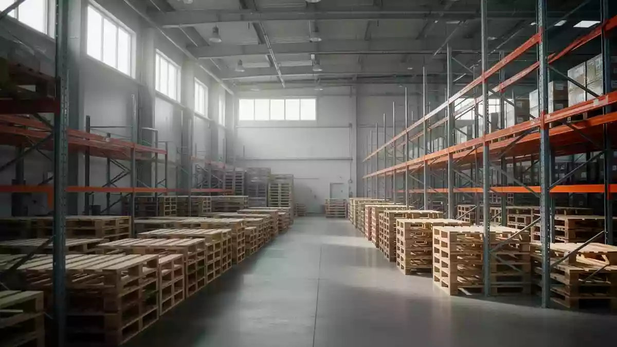 Leeres Lagerhaus mit Holzpaletten und Stahlregalen in einer ruhigen, industriellen Umgebung. Illustration mit AI erstellt.
