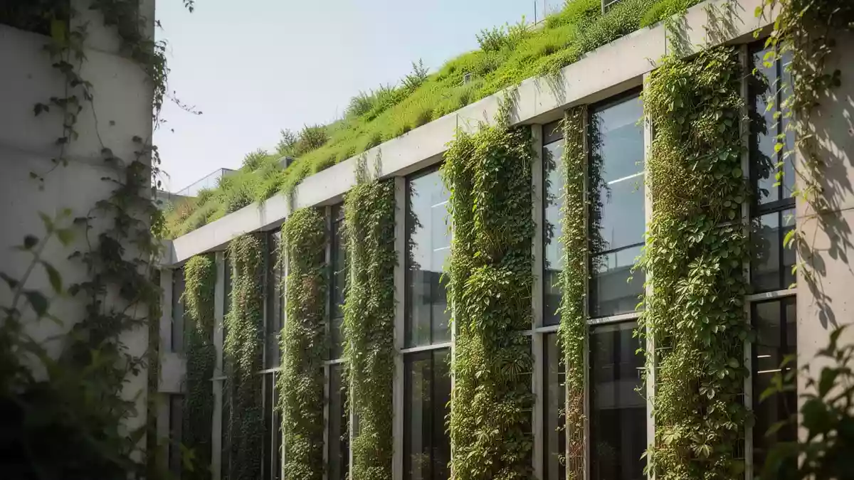 Ein modern begrüntes Gebäude mit Fassadenbegrünung und Dachgarten als Maßnahme zur Hitzeprävention. Illustration mit AI erstellt.