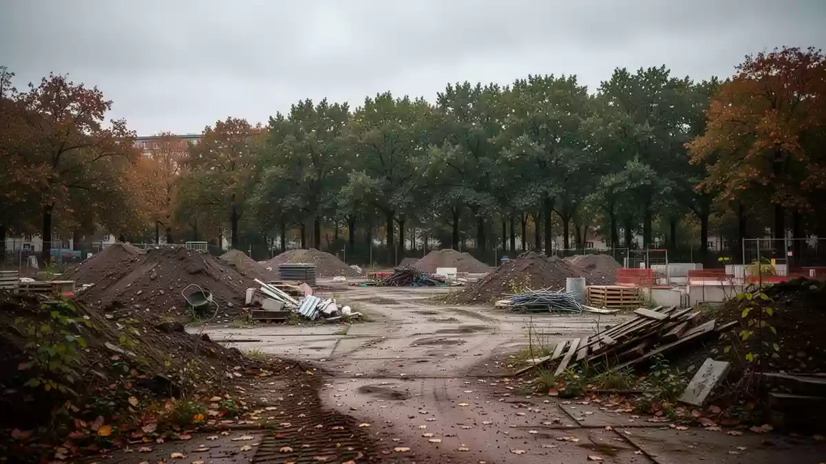 Eine unbewachsene Baufläche in Berlin mit Erdhaufen und einem alten Baumbestand im Hintergrund. Illustration mit AI erstellt.