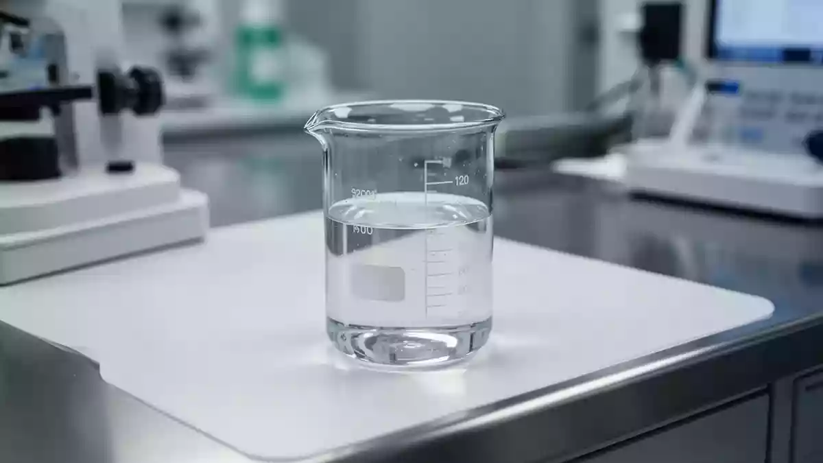 Ein steriler Labortisch mit einem Glasbecher in einer klinischen Umgebung, beleuchtet durch diffuses Licht. Illustration mit AI erstellt.