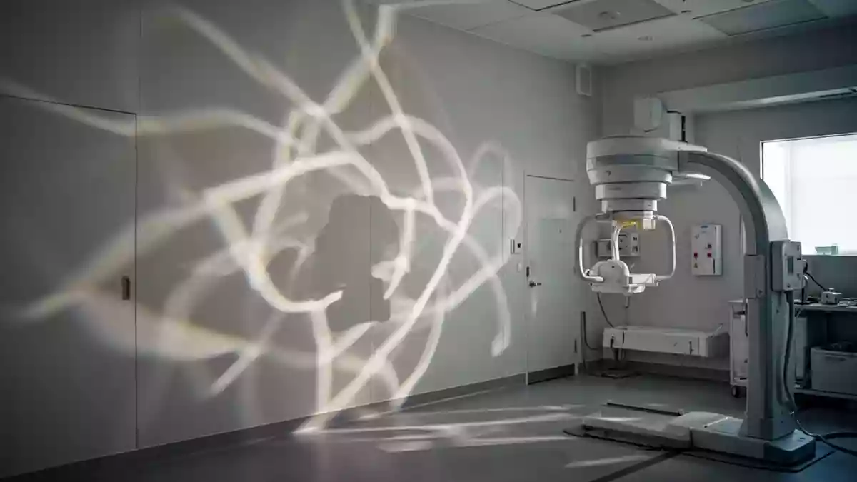 Abstrakte Lichtreflexionen in einem klinischen Untersuchungsraum als Symbol für moderne bildgebende Diagnostik. Illustration mit AI erstellt.