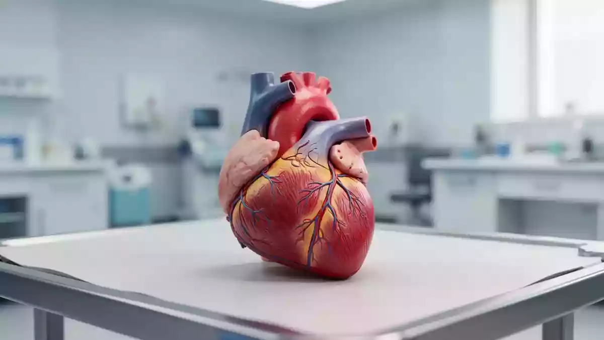 Ein anatomisches Modell eines menschlichen Herzens auf einem sauberen Untersuchungstisch in einer medizinischen Umgebung. Illustration mit AI erstellt.