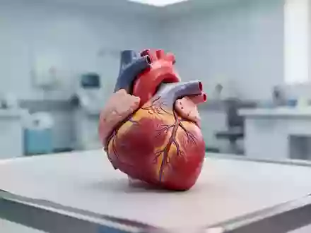 Ein anatomisches Modell eines menschlichen Herzens auf einem sauberen Untersuchungstisch in einer medizinischen Umgebung. - Foto: über boerse-global.de