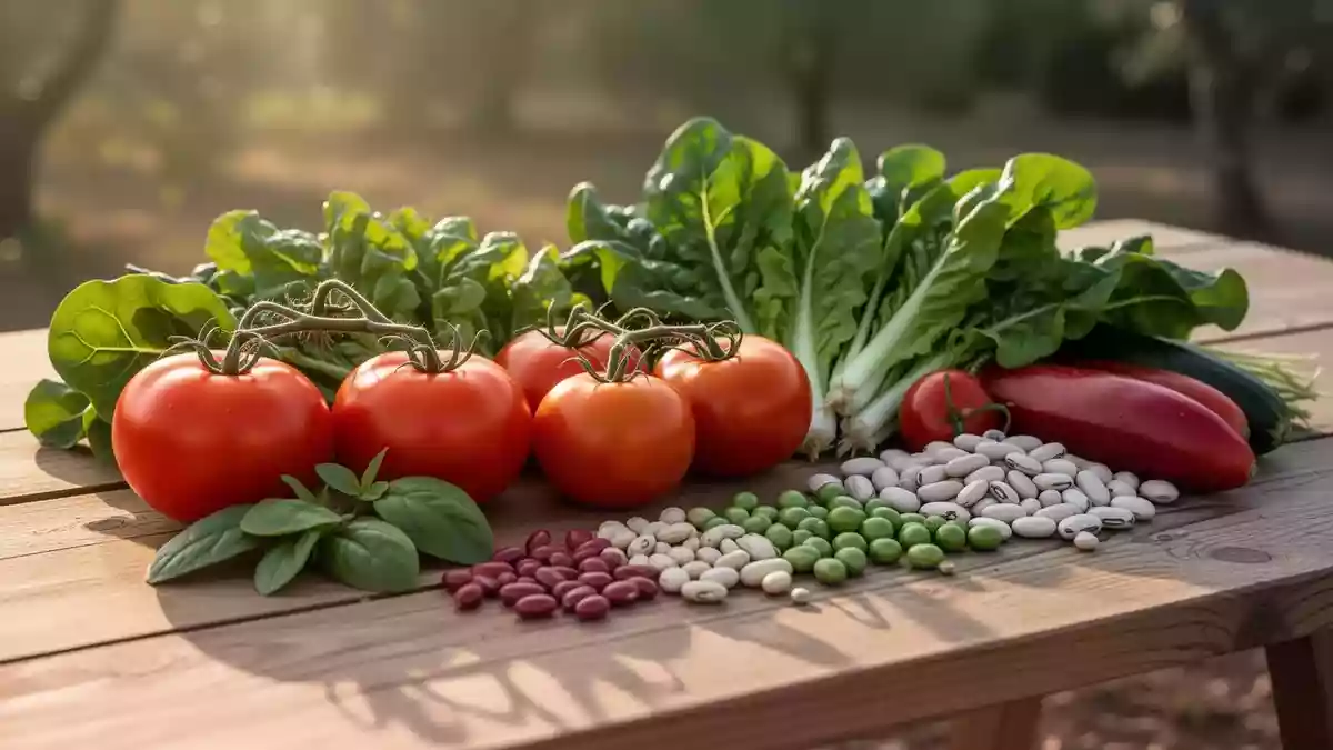 Frisches Gemüse wie Tomaten und Blattgrün auf einer hölzernen Oberfläche als Symbol für eine herzgesunde Ernährung. Illustration mit AI erstellt.