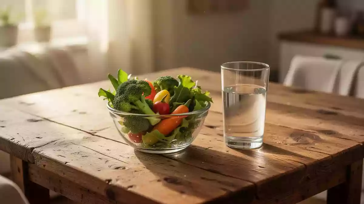Nahaufnahme eines hölzernen Küchentisches mit frischem Gemüse und einem Glas Wasser in warmem Sonnenlicht. Illustration mit AI erstellt.