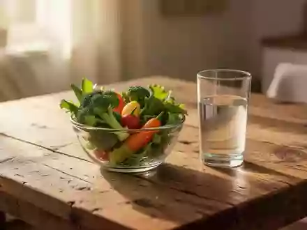 Nahaufnahme eines hölzernen Küchentisches mit frischem Gemüse und einem Glas Wasser in warmem Sonnenlicht. - Foto: über boerse-global.de