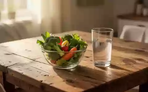 Nahaufnahme eines hölzernen Küchentisches mit frischem Gemüse und einem Glas Wasser in warmem Sonnenlicht. - Foto: über boerse-global.de
