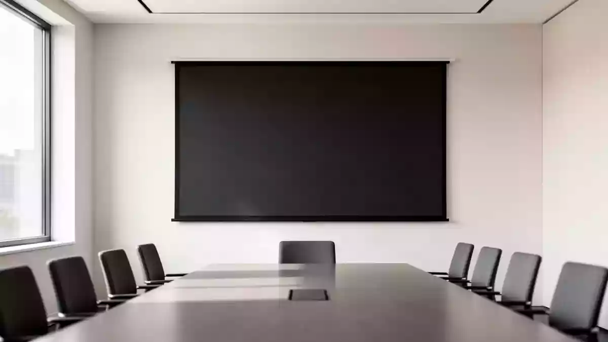 Ein minimalistischer Konferenzraum mit einer leeren, dunklen Projektionsfläche vor einer weißen Wand bei Tageslicht. Illustration mit AI erstellt.