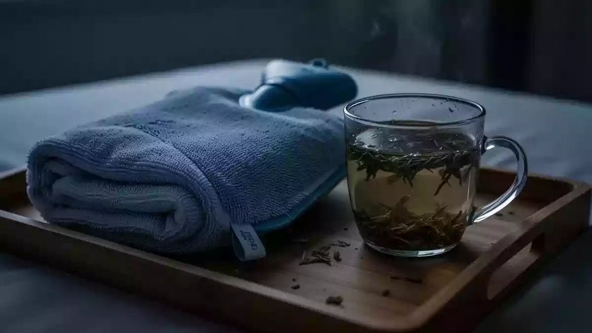 Symbolbild: Wärmflasche, Handtuch und Kräutertee Illustration mit AI erstellt.