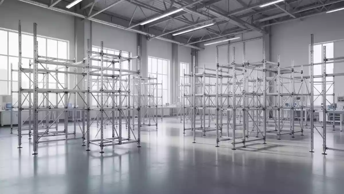 Ein weitläufiges, hochmodernes Robotik-Forschungslabor mit leeren modularen Metallgerüsten in einer hellen, industriellen Halle. Illustration mit AI erstellt.