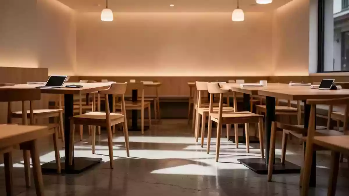 Leerer Gastraum eines modernen Restaurants mit minimalistischen Holzstühlen auf einem Betonboden. Illustration mit AI erstellt.