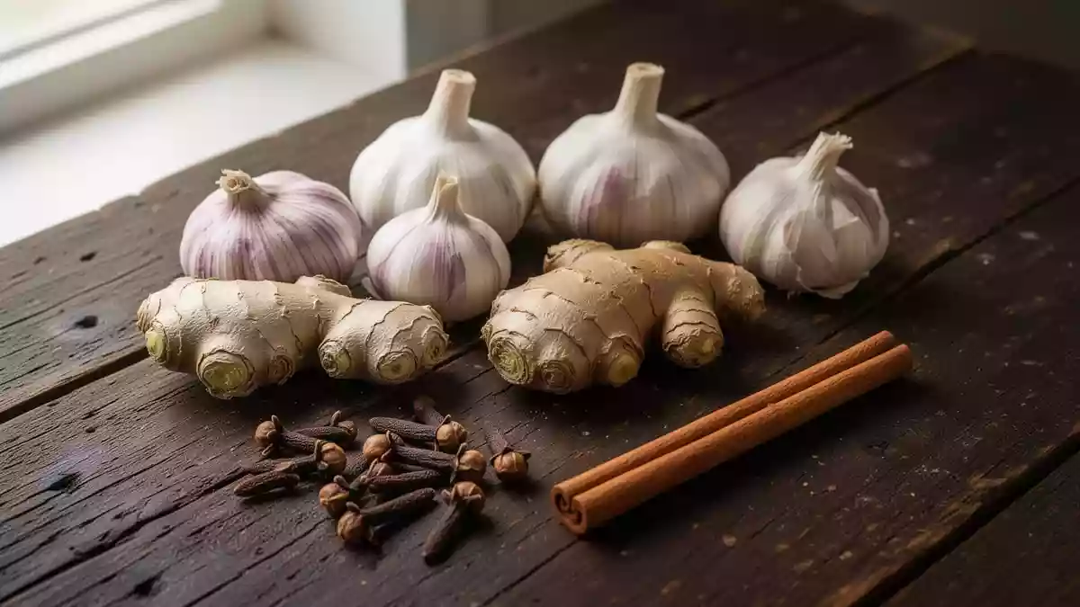 Frische Gewürze wie Knoblauch, Ingwer, Nelken und Zimt auf einem hölzernen Untergrund als Symbol für gesunde Ernährung. Illustration mit AI erstellt.