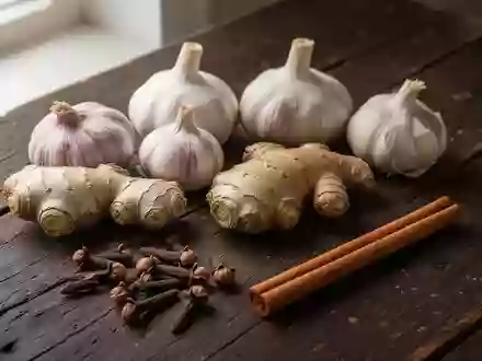 Frische Gewürze wie Knoblauch, Ingwer, Nelken und Zimt auf einem hölzernen Untergrund als Symbol für gesunde Ernährung. - Foto: über boerse-global.de