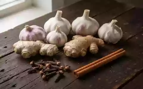 Frische Gewürze wie Knoblauch, Ingwer, Nelken und Zimt auf einem hölzernen Untergrund als Symbol für gesunde Ernährung. - Foto: über boerse-global.de