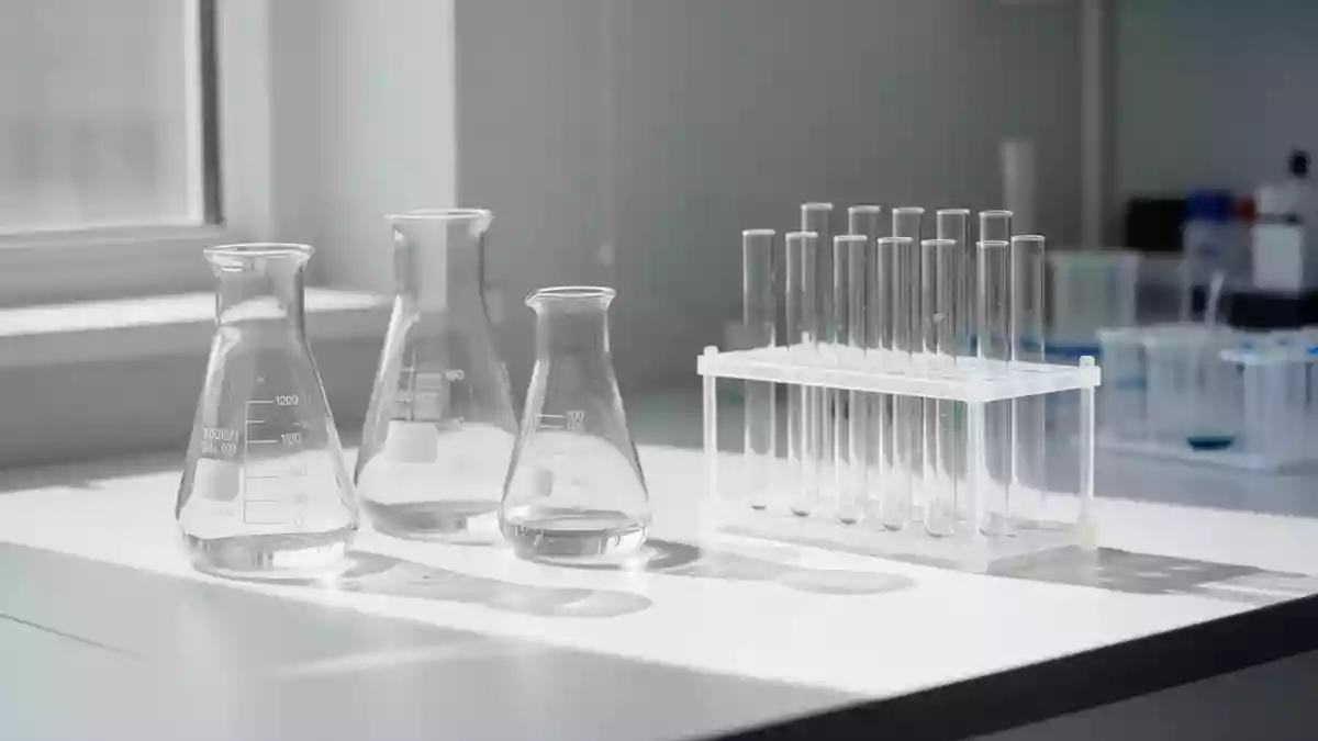 Laborausstattung mit Glasgefäßen und Reagenzgläsern in einem hellen, klinischen Umfeld zur medizinischen Analyse. Illustration mit AI erstellt.