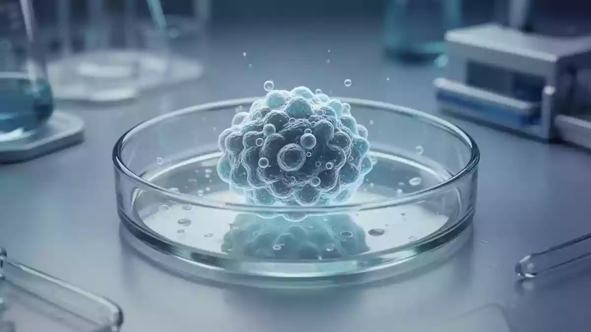 Nahaufnahme einer wissenschaftlichen Zellkultur in einer Laborschale unter klinischem Licht. Illustration mit AI erstellt.