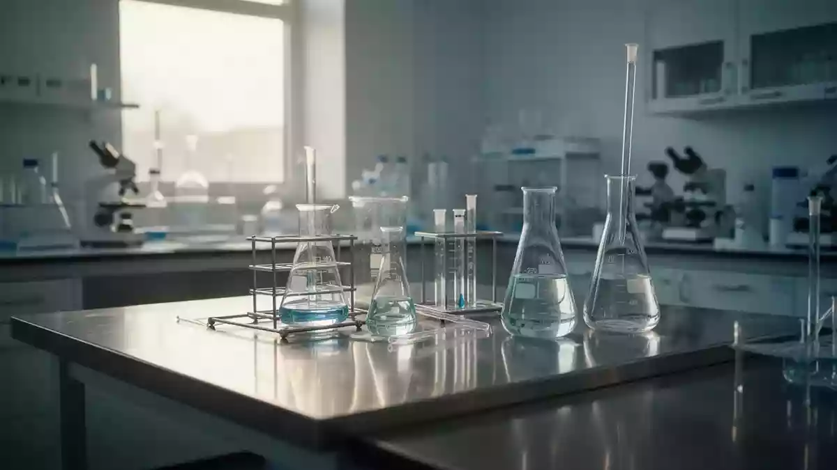 Ein steriler und modern eingerichteter klinischer Laborbereich mit Glasgefäßen auf einer Edelstahlarbeitsfläche. Illustration mit AI erstellt.