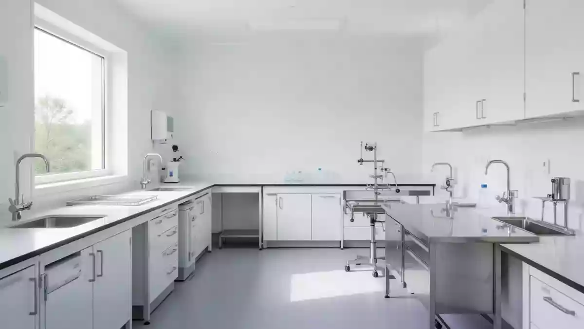 Ein minimalistisch eingerichteter, heller medizinischer Laborraum in einer ländlichen Gesundheitseinrichtung. Illustration mit AI erstellt.