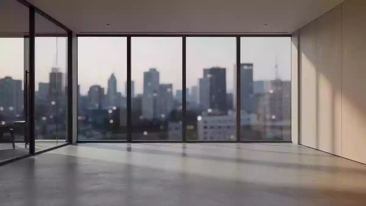 Ein minimalistisches, modernes Büro mit großen Glasfronten und Blick auf eine verschwommene Stadt bei Dämmerung. Illustration mit AI erstellt.